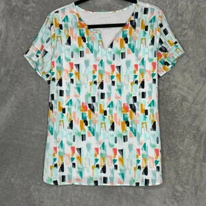 Van Heusen M Medium Shirt Top Blue‎ Geometric Short Sleeve Split Round Neck